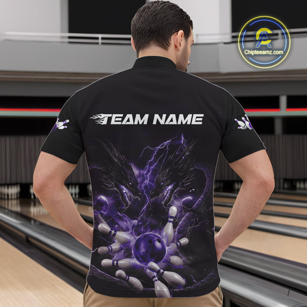 Custom Purple Lightning Flame Dragons Bowling Men Quarter-Zip Shirt, Fire Dragon Bowling Jerseys IPHW9817