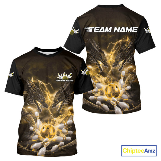 Custom Yellow Lightning Flame Dragons Bowling Men T-Shirts Shirt, Fire Dragon Bowling Jerseys IPHW9818