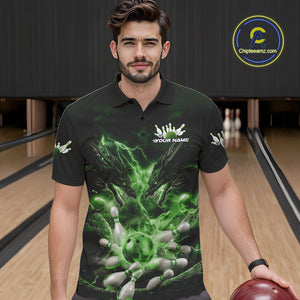 Custom Green Lightning Flame Dragons Bowling Men Polo Shirt, Fire Dragon Bowling Jerseys IPHW9819