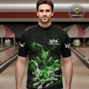 Custom Green Lightning Flame Dragons Bowling Men Quarter-Zip Shirt, Fire Dragon Bowling Jerseys IPHW9819