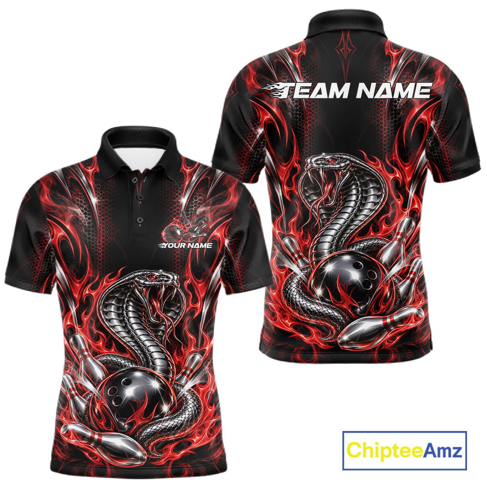 Black And Red Flame Cobra Snake Custom Bowling Men Polo Shirt, Bowling League Shirt IPHW12145