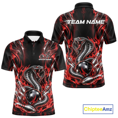 Black And Red Flame Cobra Snake Custom Bowling Men Polo Shirt, Bowling League Shirt IPHW12145