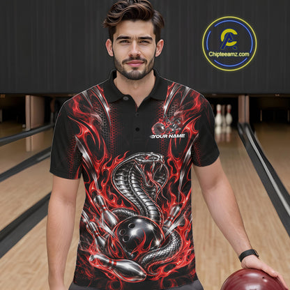 Black And Red Flame Cobra Snake Custom Bowling Men Polo Shirt, Bowling League Shirt IPHW12145
