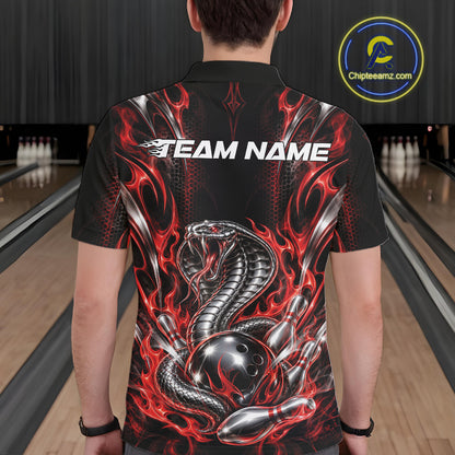 Black And Red Flame Cobra Snake Custom Bowling Men Polo Shirt, Bowling League Shirt IPHW12145