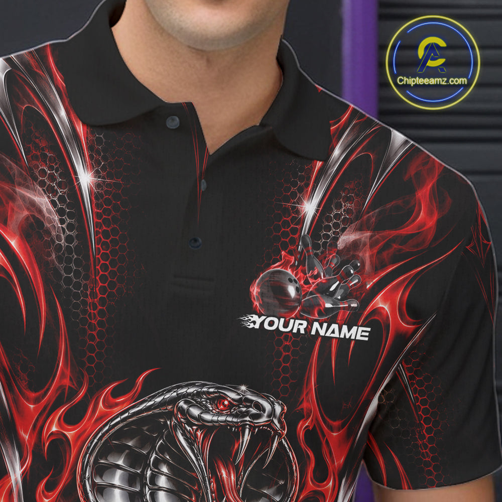 Black And Red Flame Cobra Snake Custom Bowling Men Polo Shirt, Bowling League Shirt IPHW12145