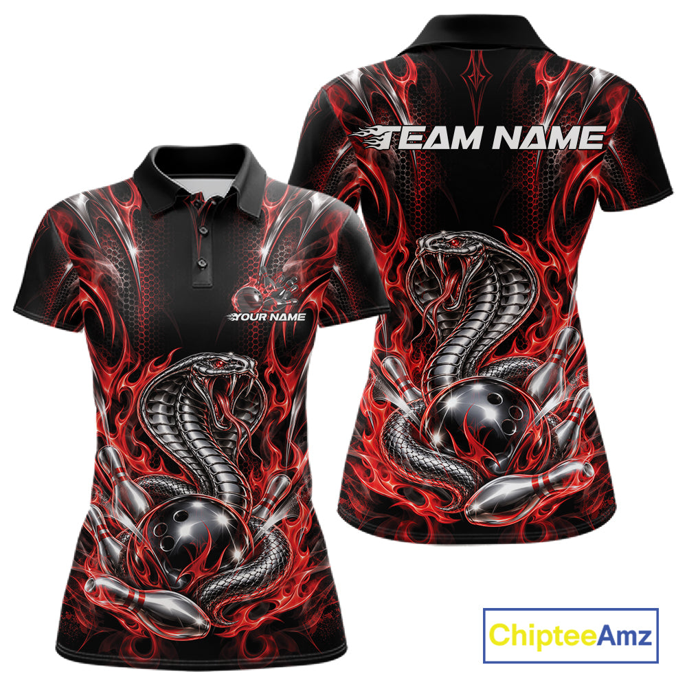 Black And Red Flame Cobra Snake Custom Bowling Women Polo Shirt, Bowling League Shirt IPHW12145