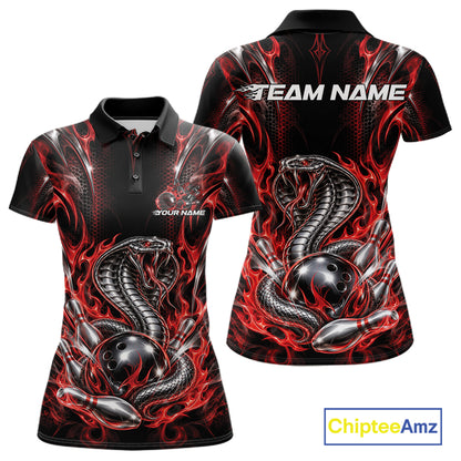 Black And Red Flame Cobra Snake Custom Bowling Women Polo Shirt, Bowling League Shirt IPHW12145