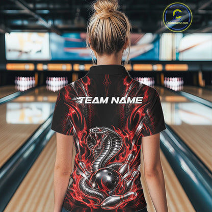 Black And Red Flame Cobra Snake Custom Bowling Women Polo Shirt, Bowling League Shirt IPHW12145