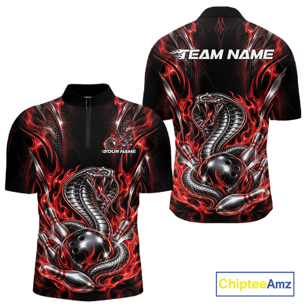 Black And Red Flame Cobra Snake Custom Bowling Men Quarter Zip Shirt, Bowling League Shirt IPHW12145