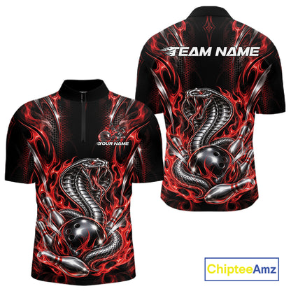 Black And Red Flame Cobra Snake Custom Bowling Men Quarter Zip Shirt, Bowling League Shirt IPHW12145