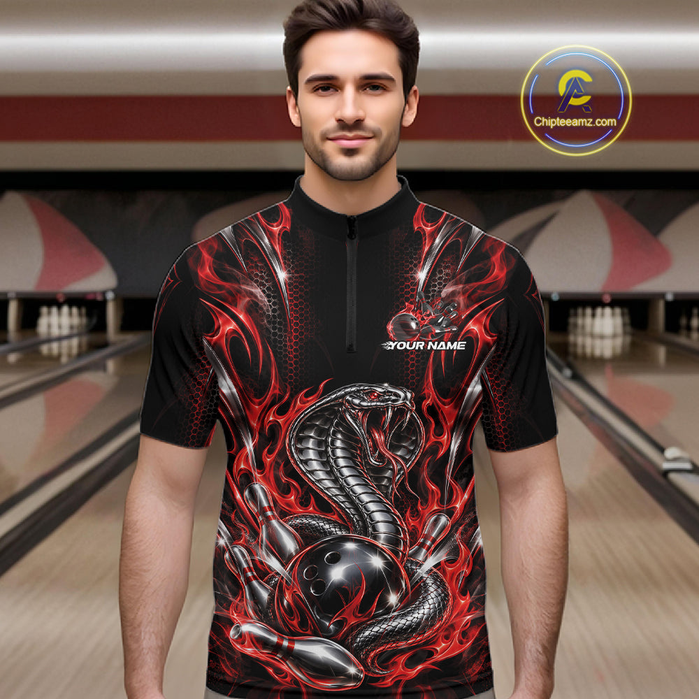 Black And Red Flame Cobra Snake Custom Bowling Men Quarter Zip Shirt, Bowling League Shirt IPHW12145