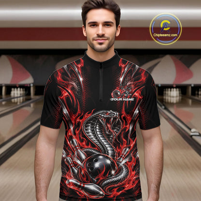 Black And Red Flame Cobra Snake Custom Bowling Men Quarter Zip Shirt, Bowling League Shirt IPHW12145