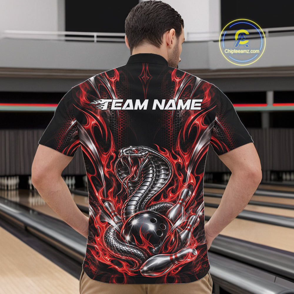 Black And Red Flame Cobra Snake Custom Bowling Men Quarter Zip Shirt, Bowling League Shirt IPHW12145