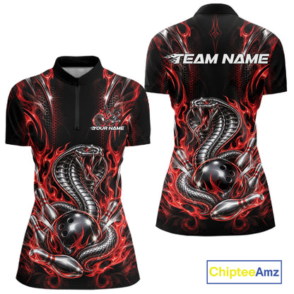 Red Flame Cobra Snake Custom Bowling Women Quarter-Zip Shirt, Bowling League Shirt IPHW12145