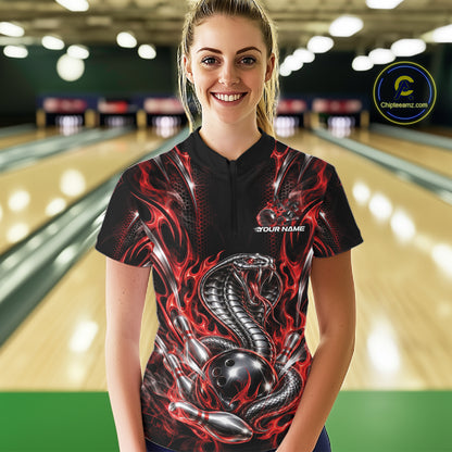 Red Flame Cobra Snake Custom Bowling Women Quarter-Zip Shirt, Bowling League Shirt IPHW12145