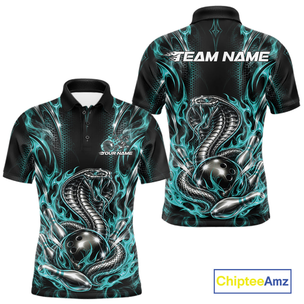 Turquoise Blue Flame Cobra Snake Custom Bowling Men Polo Shirt, Bowling League Shirt IPHW12146