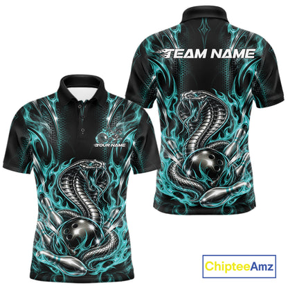 Turquoise Blue Flame Cobra Snake Custom Bowling Men Polo Shirt, Bowling League Shirt IPHW12146
