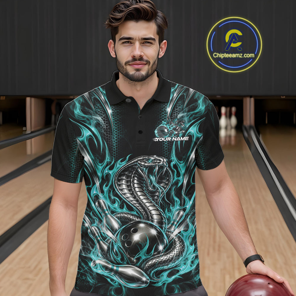 Turquoise Blue Flame Cobra Snake Custom Bowling Men Polo Shirt, Bowling League Shirt IPHW12146