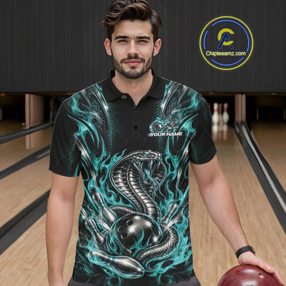 Turquoise Blue Flame Cobra Snake Custom Bowling Men Polo Shirt, Bowling League Shirt IPHW12146