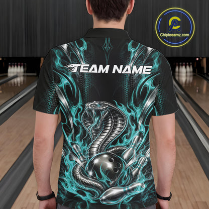 Turquoise Blue Flame Cobra Snake Custom Bowling Men Polo Shirt, Bowling League Shirt IPHW12146