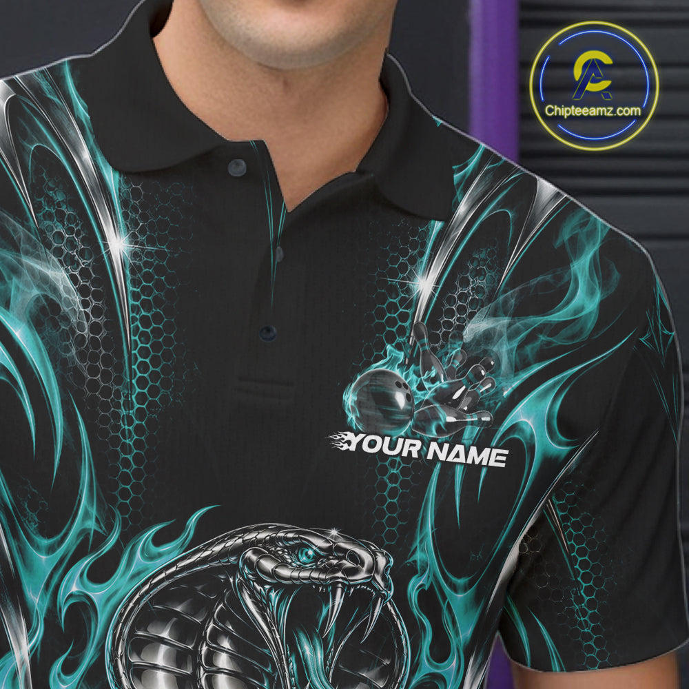 Turquoise Blue Flame Cobra Snake Custom Bowling Men Polo Shirt, Bowling League Shirt IPHW12146
