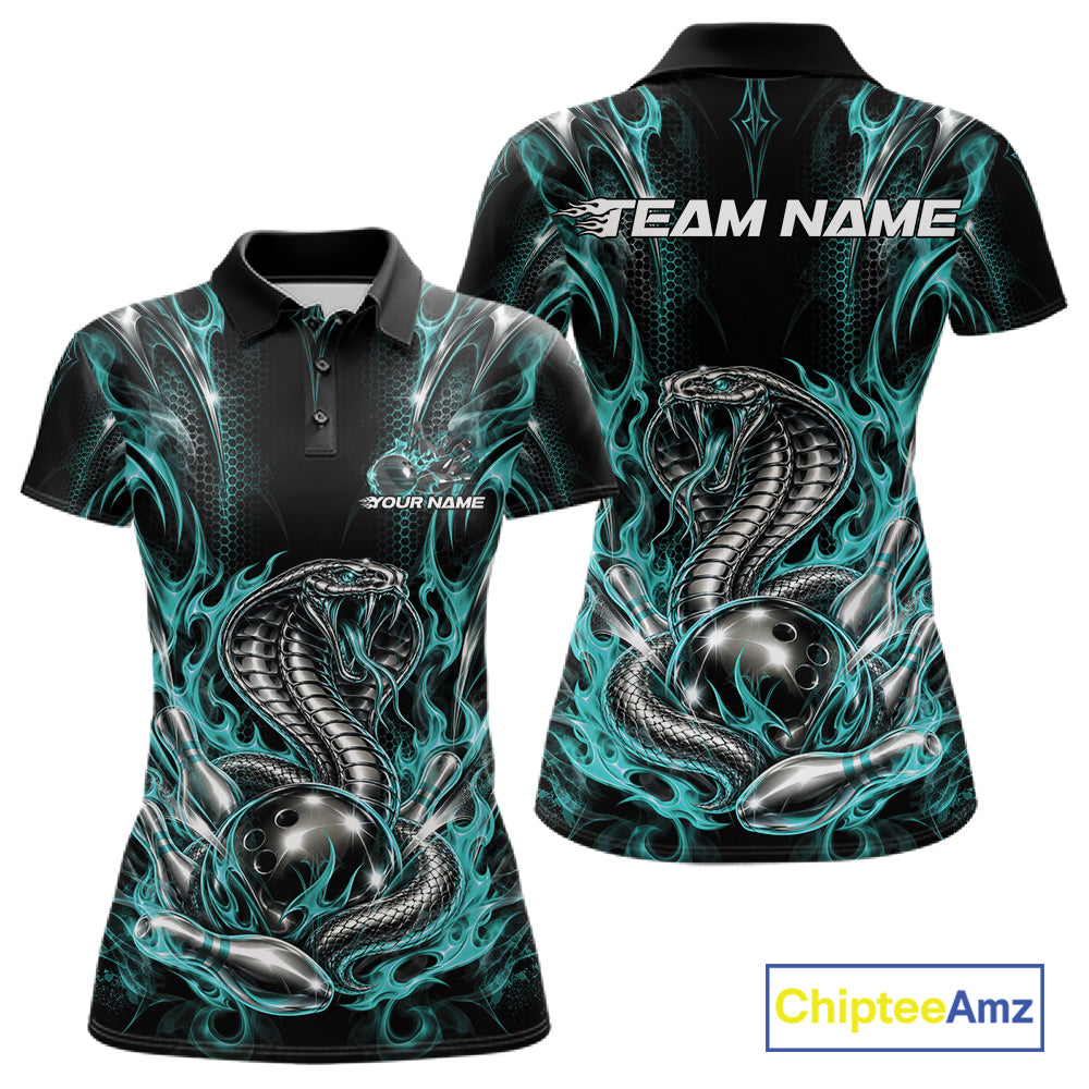 Turquoise Blue Flame Cobra Snake Custom Bowling Women Polo Shirt, Bowling League Shirt IPHW12146
