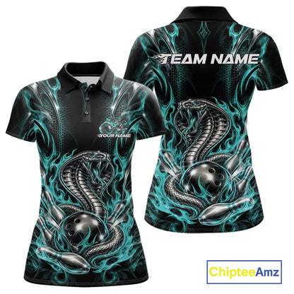 Turquoise Blue Flame Cobra Snake Custom Bowling Women Polo Shirt, Bowling League Shirt IPHW12146