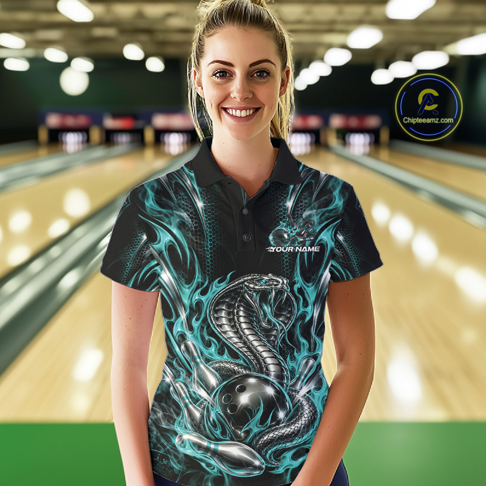 Turquoise Blue Flame Cobra Snake Custom Bowling Women Polo Shirt, Bowling League Shirt IPHW12146