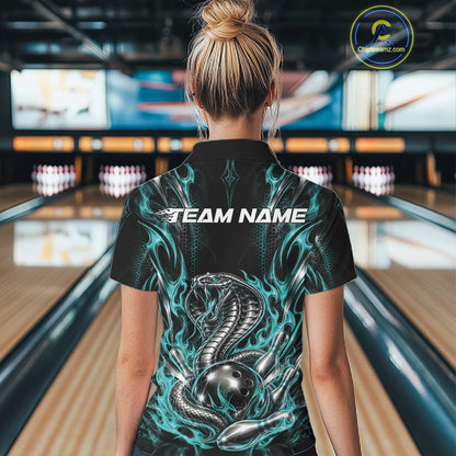 Turquoise Blue Flame Cobra Snake Custom Bowling Women Polo Shirt, Bowling League Shirt IPHW12146