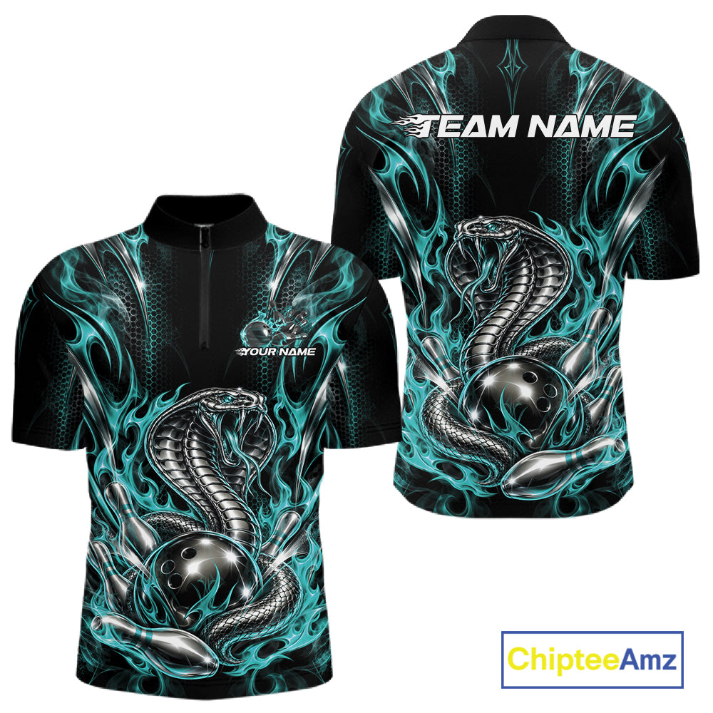 Turquoise Blue Flame Cobra Snake Custom Bowling Men Quarter Zip Shirt, Bowling League Shirt IPHW12146