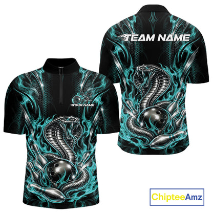 Turquoise Blue Flame Cobra Snake Custom Bowling Men Quarter Zip Shirt, Bowling League Shirt IPHW12146
