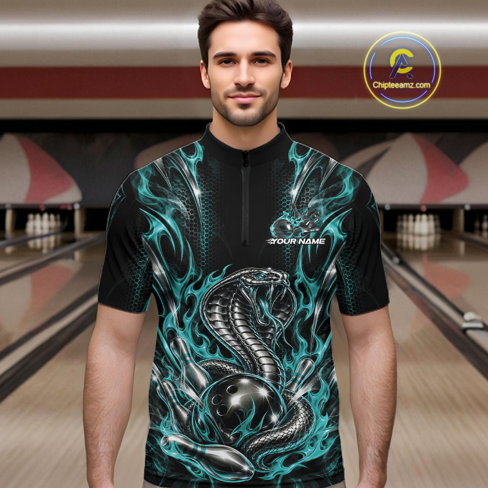 Turquoise Blue Flame Cobra Snake Custom Bowling Men Quarter Zip Shirt, Bowling League Shirt IPHW12146