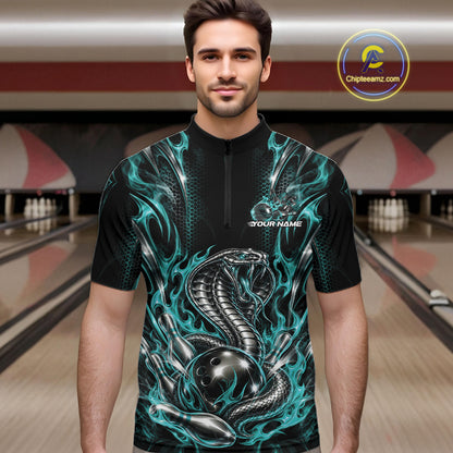 Turquoise Blue Flame Cobra Snake Custom Bowling Men Quarter Zip Shirt, Bowling League Shirt IPHW12146