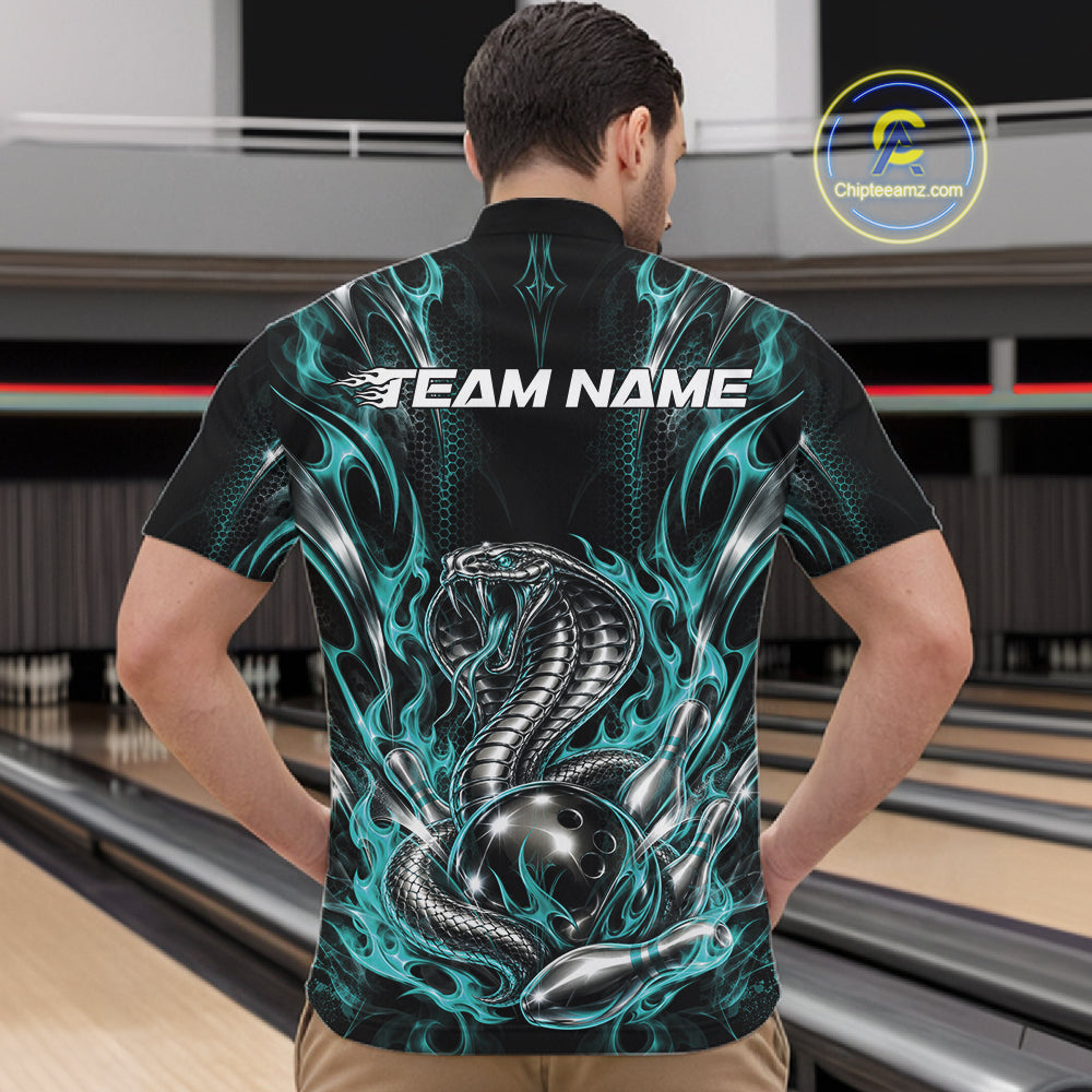 Turquoise Blue Flame Cobra Snake Custom Bowling Men Quarter Zip Shirt, Bowling League Shirt IPHW12146
