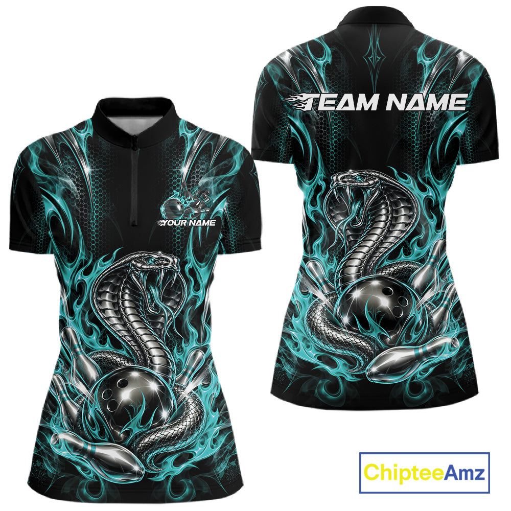 Turquoise Blue Flame Cobra Custom Bowling Women Quarter-Zip Shirt, Bowling League Shirt IPHW12146