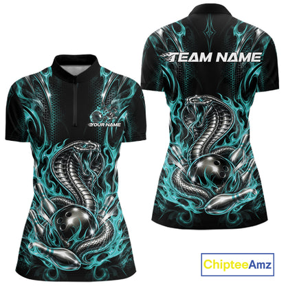 Turquoise Blue Flame Cobra Custom Bowling Women Quarter-Zip Shirt, Bowling League Shirt IPHW12146