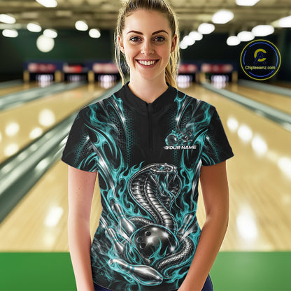 Turquoise Blue Flame Cobra Custom Bowling Women Quarter-Zip Shirt, Bowling League Shirt IPHW12146