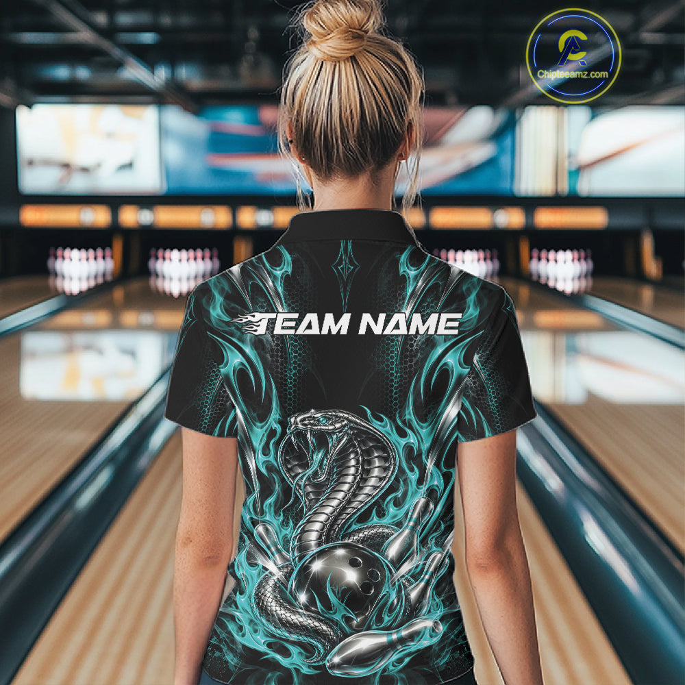 Turquoise Blue Flame Cobra Custom Bowling Women Quarter-Zip Shirt, Bowling League Shirt IPHW12146