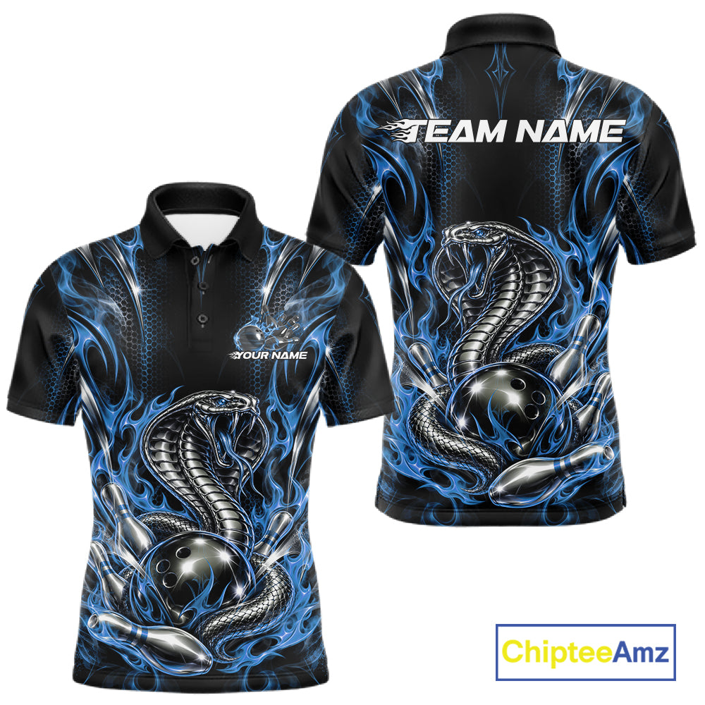 Black And Blue Flame Cobra Snake Custom Bowling Men Polo Shirt, Bowling League Shirt IPHW12147
