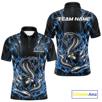 Black And Blue Flame Cobra Snake Custom Bowling Men Polo Shirt, Bowling League Shirt IPHW12147