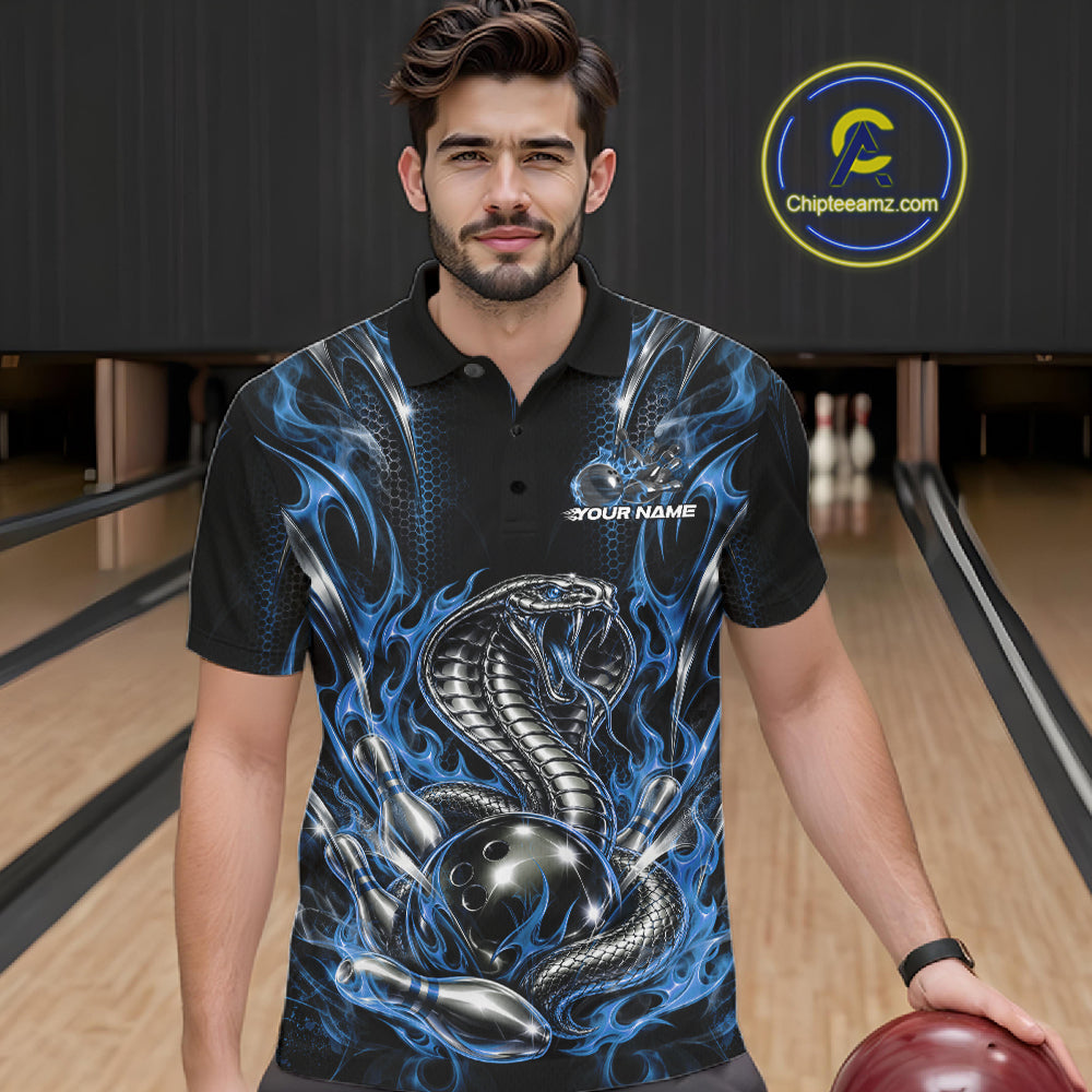 Black And Blue Flame Cobra Snake Custom Bowling Men Polo Shirt, Bowling League Shirt IPHW12147