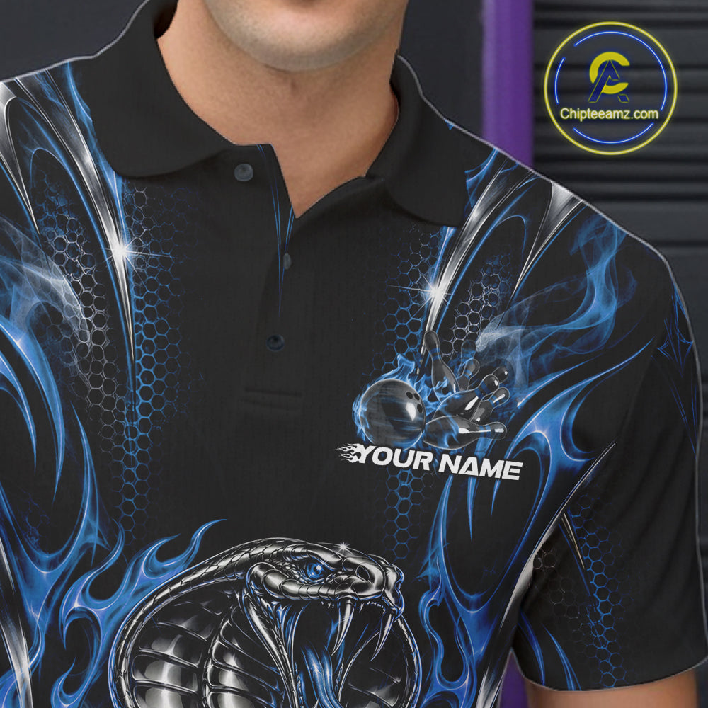 Black And Blue Flame Cobra Snake Custom Bowling Men Polo Shirt, Bowling League Shirt IPHW12147
