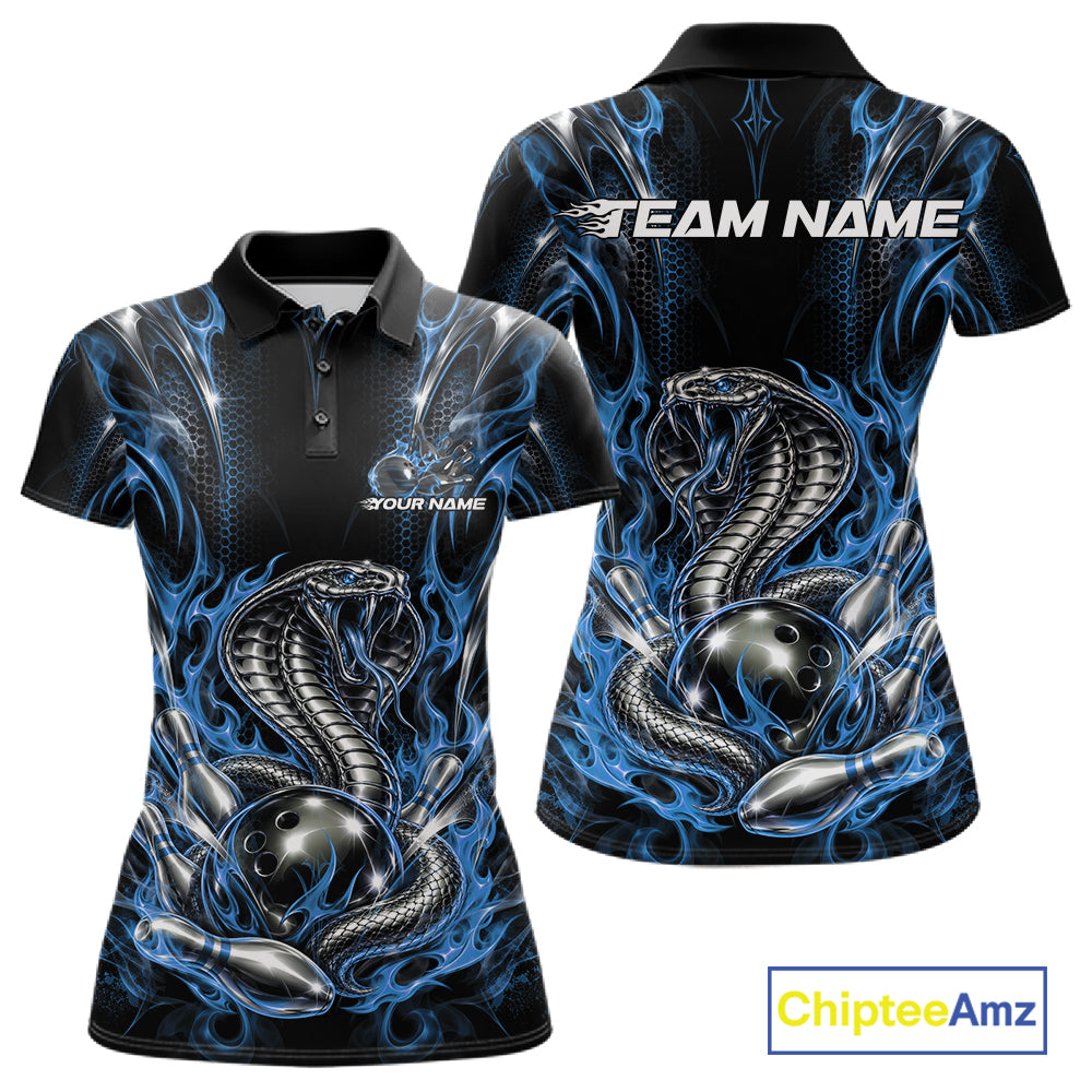 Black And Blue Flame Cobra Snake Custom Bowling Women Polo Shirt, Bowling League Shirt IPHW12147