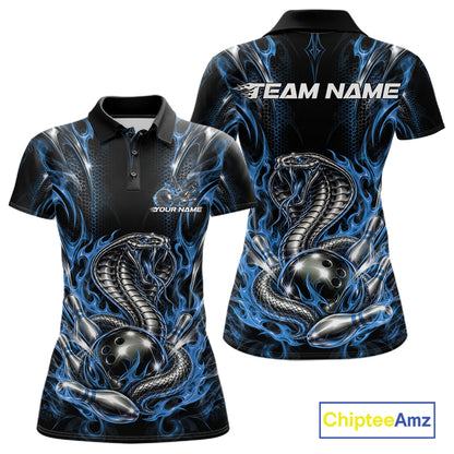 Black And Blue Flame Cobra Snake Custom Bowling Women Polo Shirt, Bowling League Shirt IPHW12147