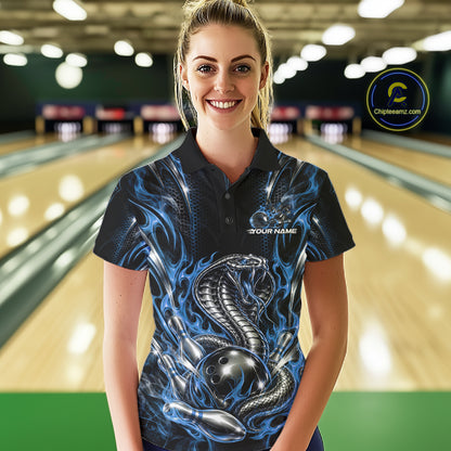 Black And Blue Flame Cobra Snake Custom Bowling Women Polo Shirt, Bowling League Shirt IPHW12147