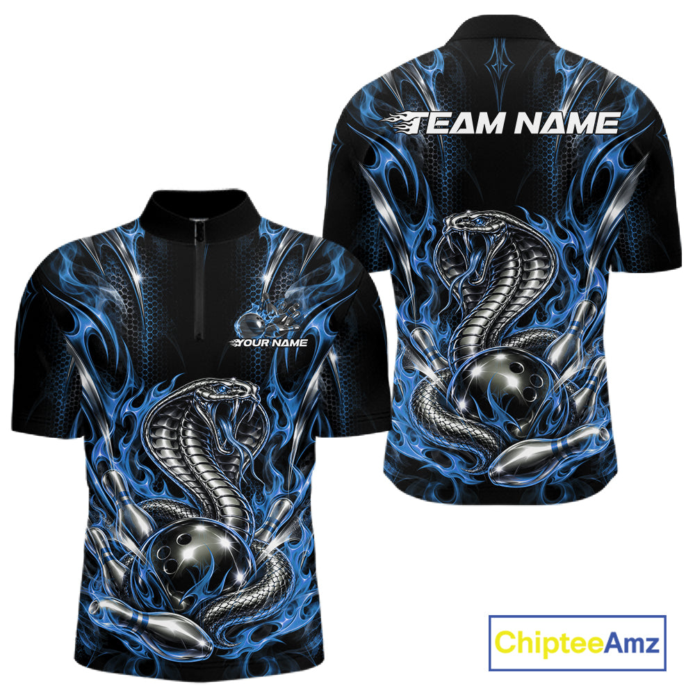 Black And Blue Flame Cobra Snake Custom Bowling Men Quarter Zip Shirt, Bowling League Shirt IPHW12147
