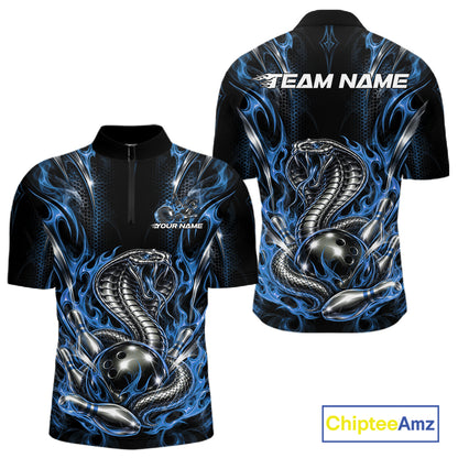 Black And Blue Flame Cobra Snake Custom Bowling Men Quarter Zip Shirt, Bowling League Shirt IPHW12147