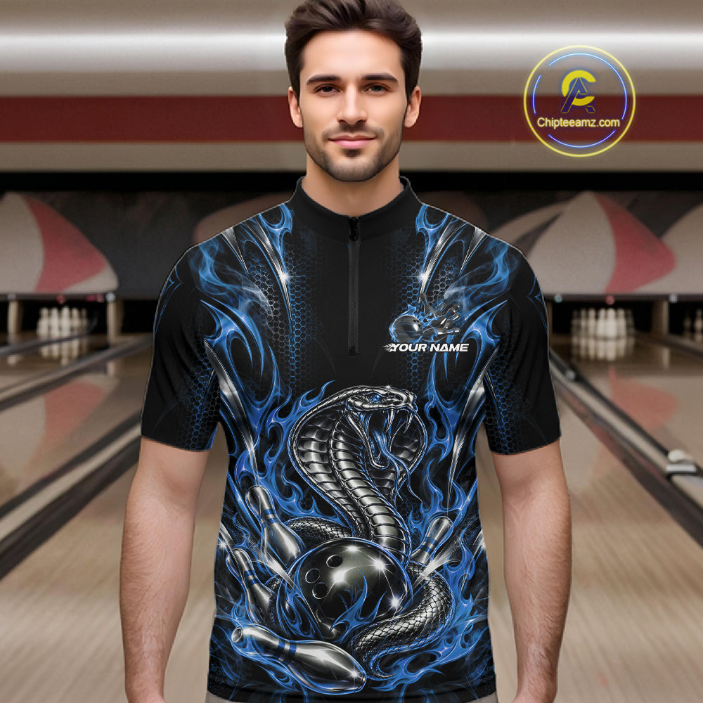 Black And Blue Flame Cobra Snake Custom Bowling Men Quarter Zip Shirt, Bowling League Shirt IPHW12147