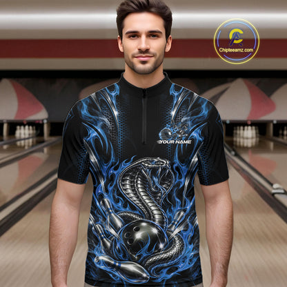 Black And Blue Flame Cobra Snake Custom Bowling Men Quarter Zip Shirt, Bowling League Shirt IPHW12147