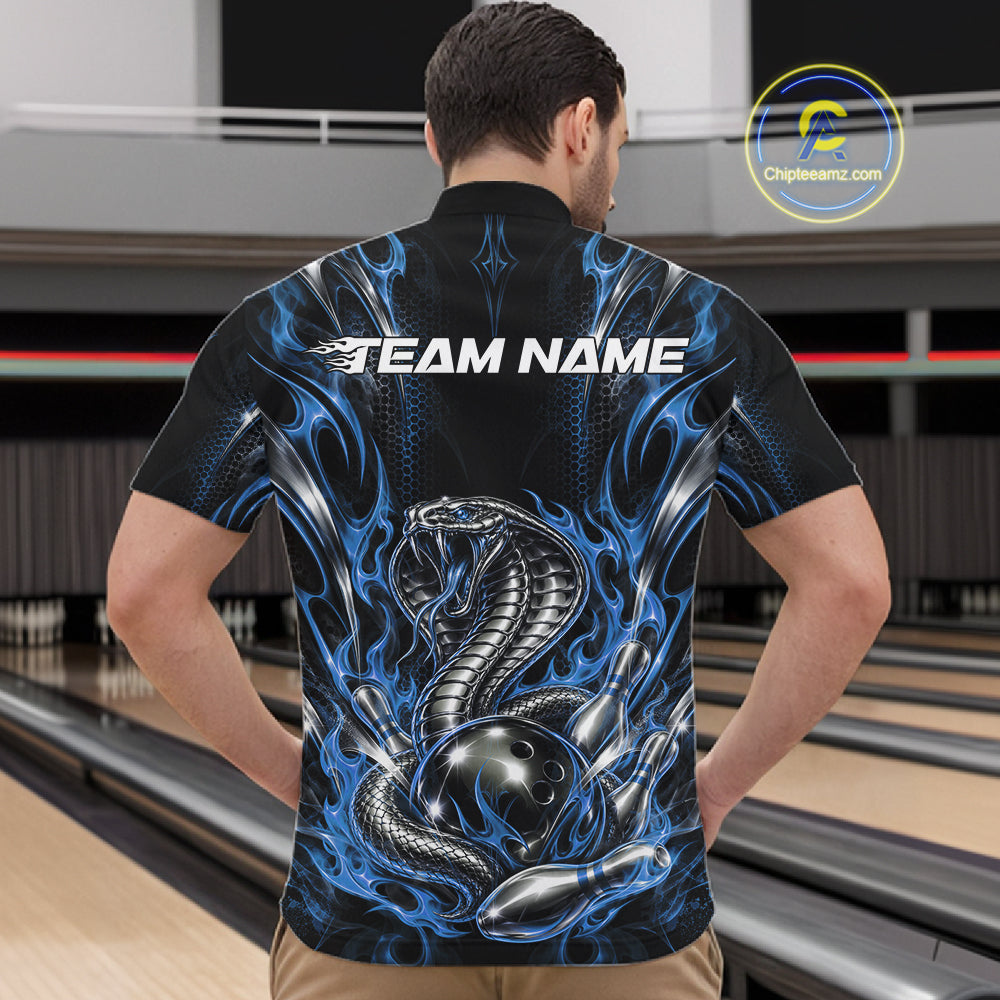 Black And Blue Flame Cobra Snake Custom Bowling Men Quarter Zip Shirt, Bowling League Shirt IPHW12147